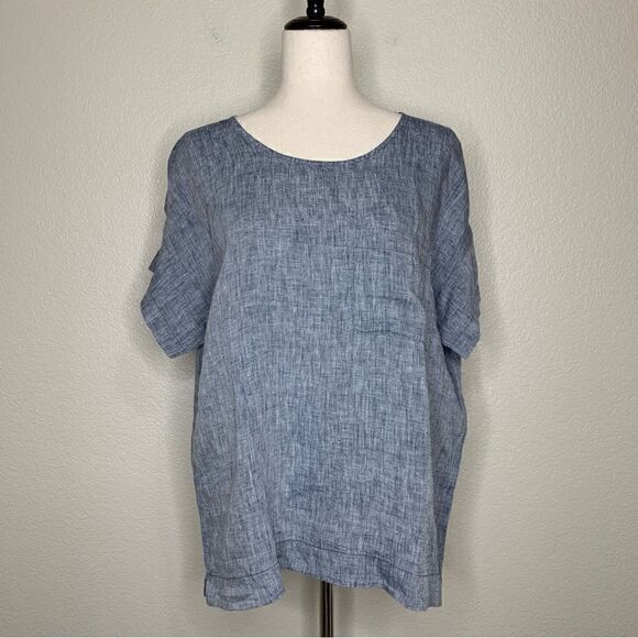 Lands’ End 100% Linen Lagenlook Chambray Short Sleeves Top - Picture 1 of 13